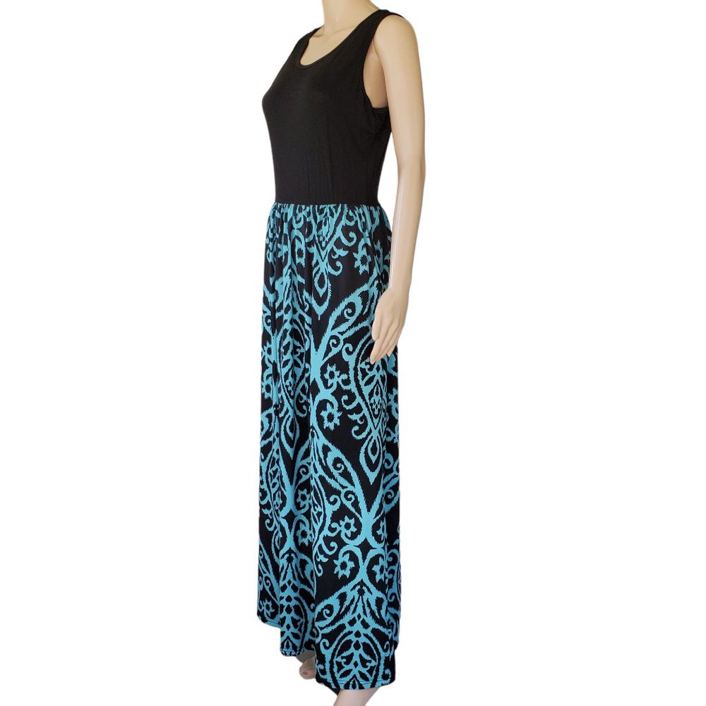 Boho T Shirt Maxi Dress Women's M Teal Black Stretch Knit Pockets Sleeveless